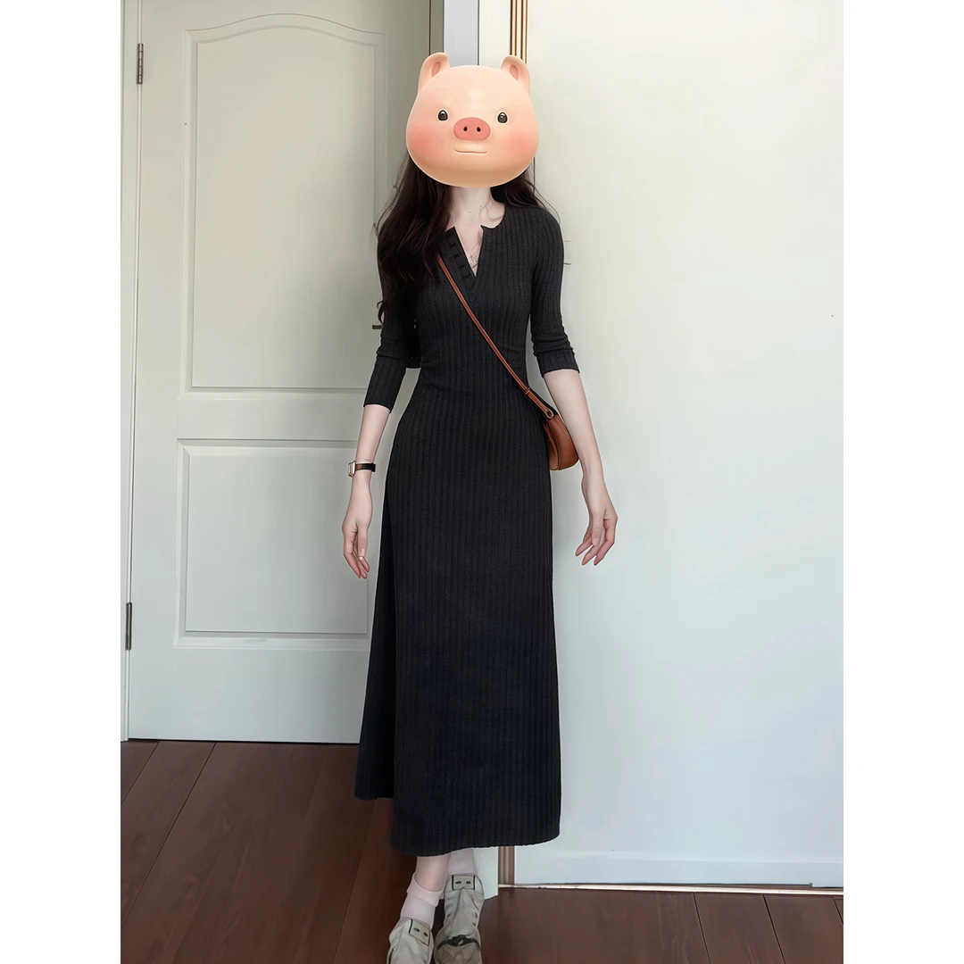 纯欲气质V领正肩长袖针织连衣裙女早秋新款高级感修身显瘦长裙子
