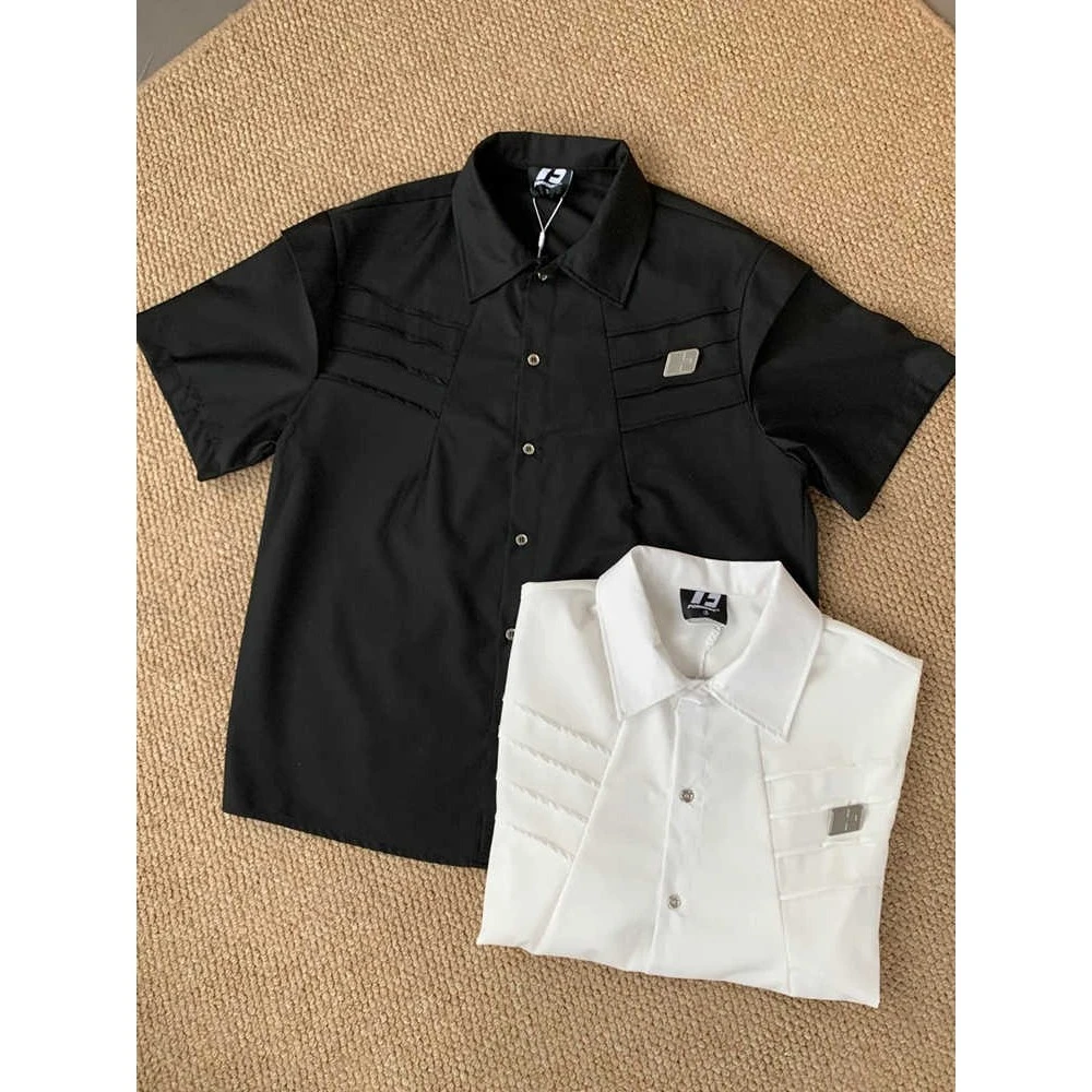 2025新款小众解构压褶设计感衬衫男女夏季短袖潮牌美式白色半截袖