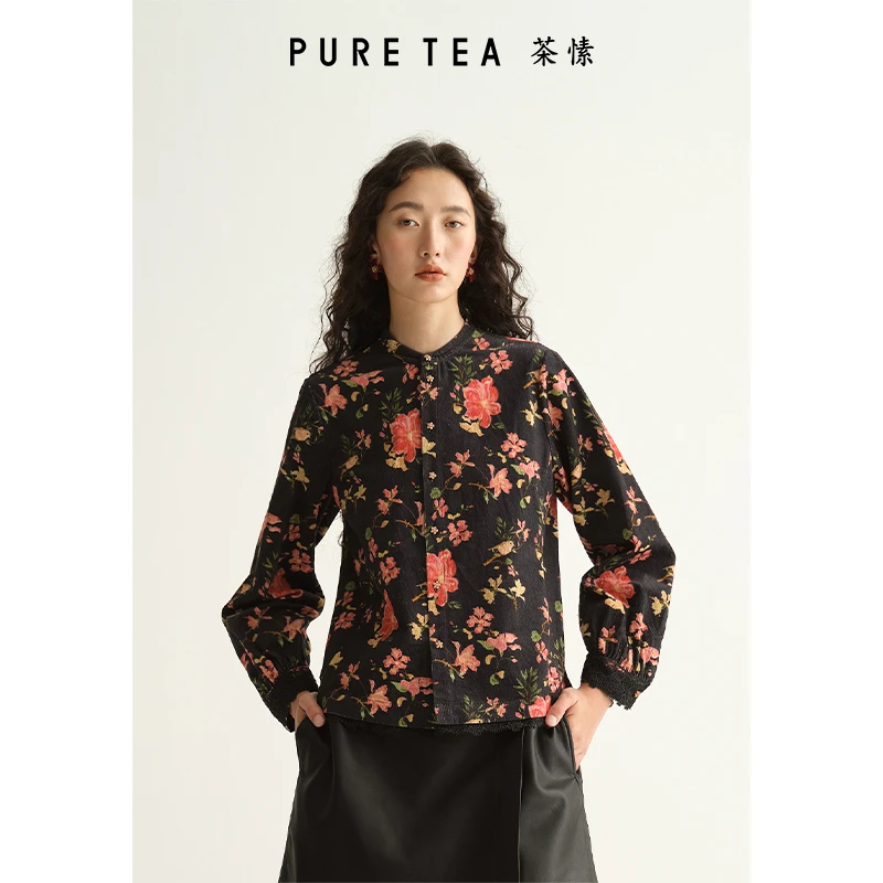 PURE TEA/茶·愫印花灯芯绒衬衫女立领泡泡袖KB0201C41