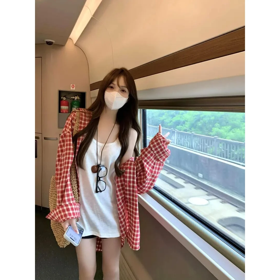 衬衫女士2025春秋新款甜美宽松慵懒风红色格子气质上衣长袖