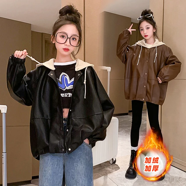 女童针织连帽加绒皮衣外套秋冬新款洋气中大童时尚PU皮夹克潮