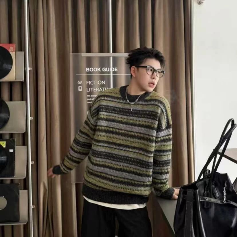 999-1220/6736/1216美式复古撞色条纹圆领毛衣男慵懒风宽松针织衫