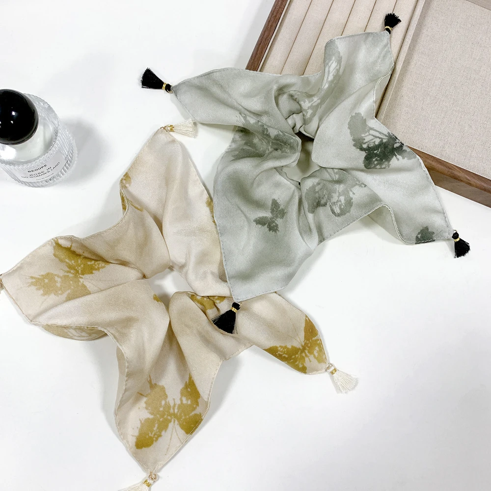 新中式国画梦中水墨方巾麦穗流苏高级复古发圈发饰女