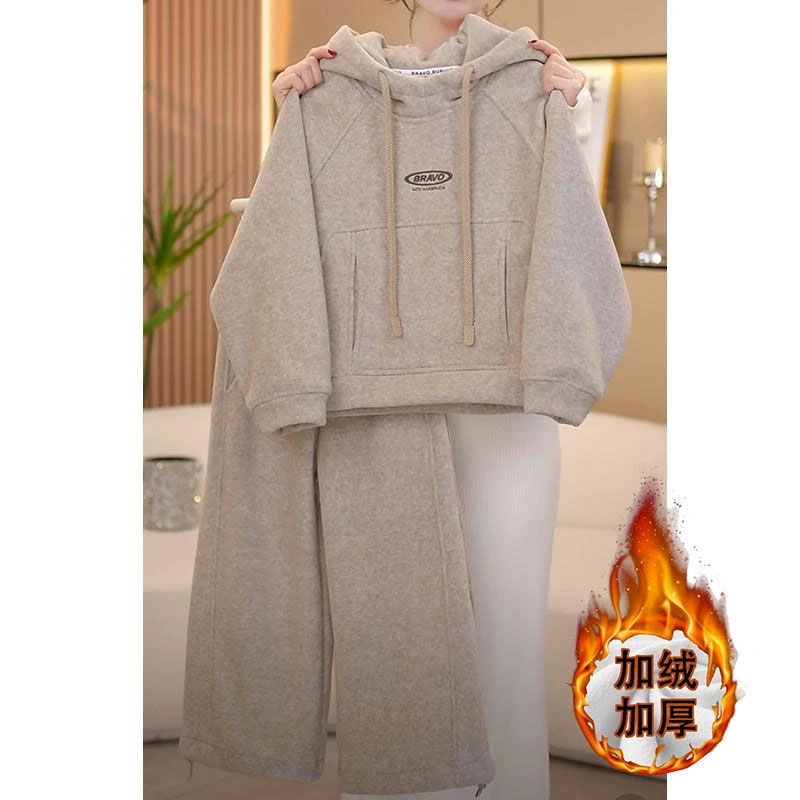 女童加绒套装2026秋冬款中大童韩版洋气连帽卫衣运动阔腿裤两件套