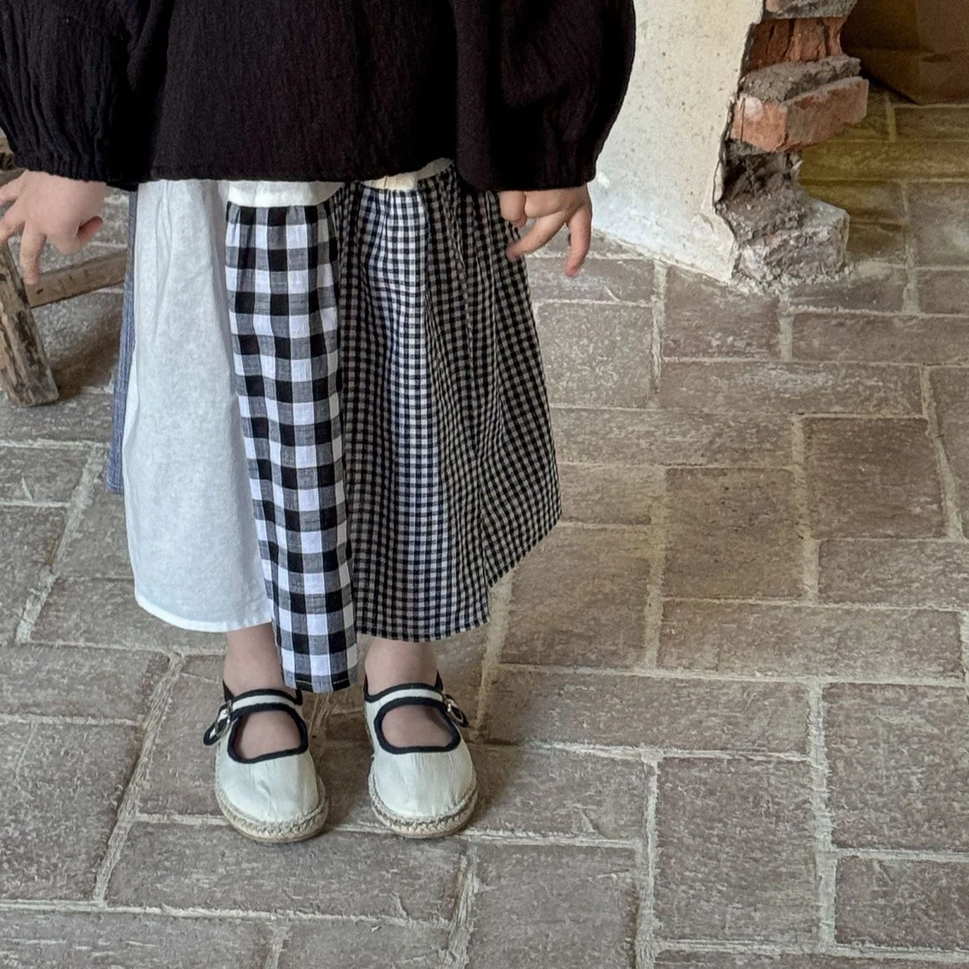 童裙2025春季新品韩国韩版文艺可爱拼接格子女童半身裙