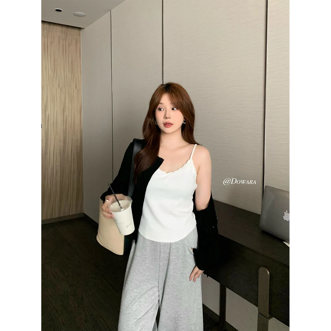 现货大婉酱微胖定制蕾丝边吊带背心女内搭外穿V领修身打底衫6999D