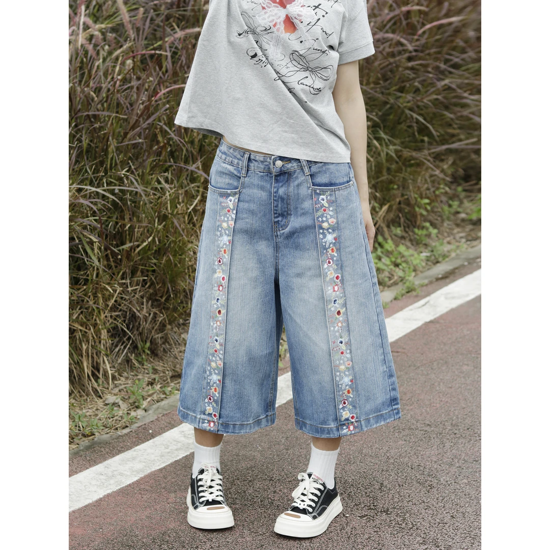 MQGG美式复古水洗印花直筒牛仔裤女夏季新款街头宽松阔腿休闲裤潮