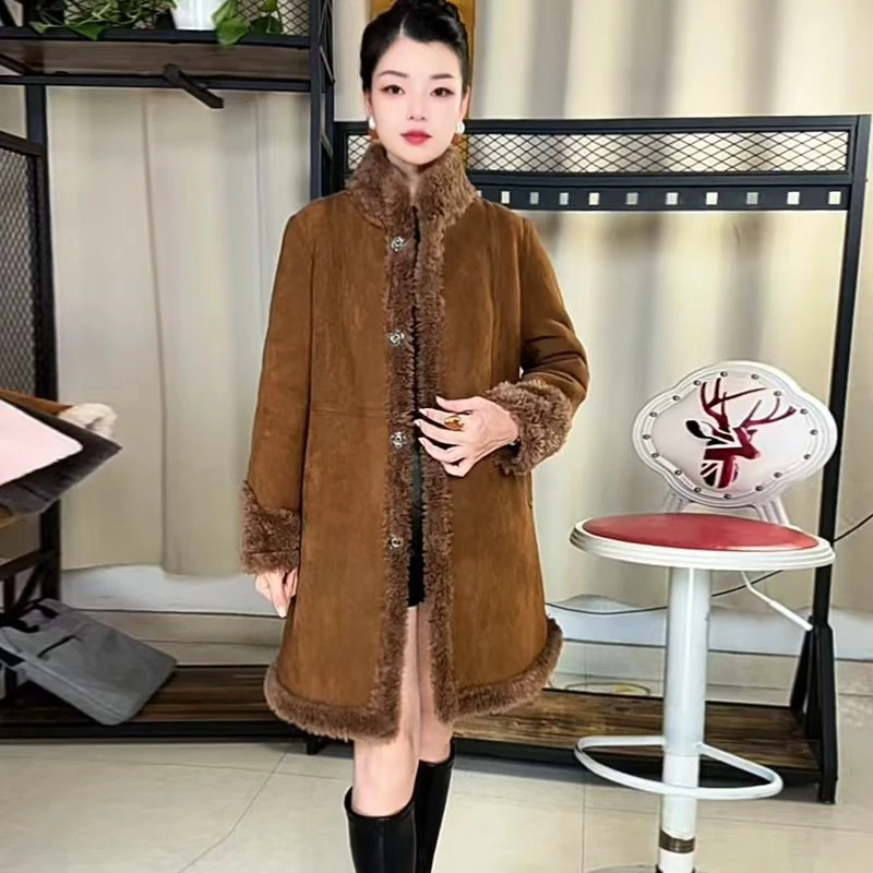 中长款羊剪绒一体大衣2025年宽松外套女秋冬加绒加厚单排扣中老年