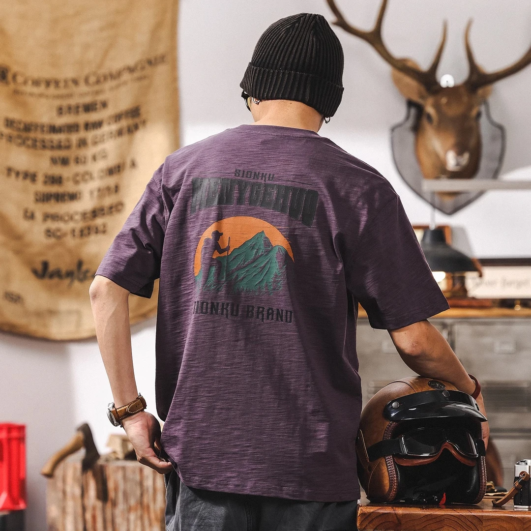 MR.MUDI/穆迪先生高级感竹短袖T恤男夏季潮美式复古户外山系紫色