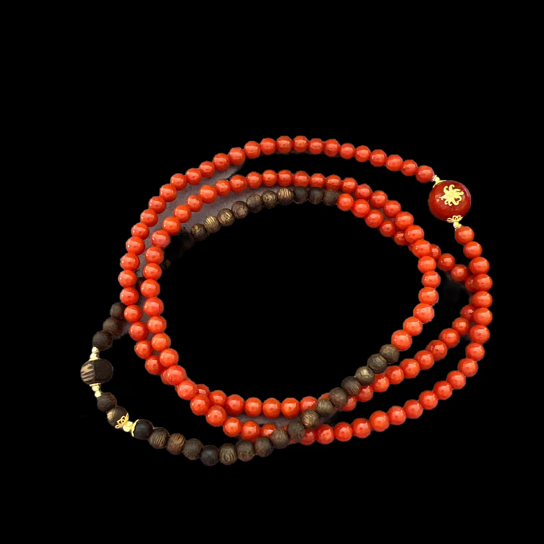 V6142 南红+沉香18K多圈手串孤品