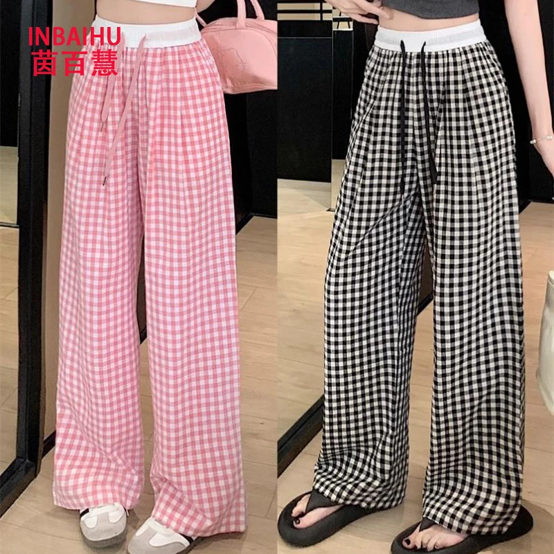 INBAIHU/茵百慧 有口袋 厂家直发宽松显瘦格子阔腿裤女薄款拖地裤