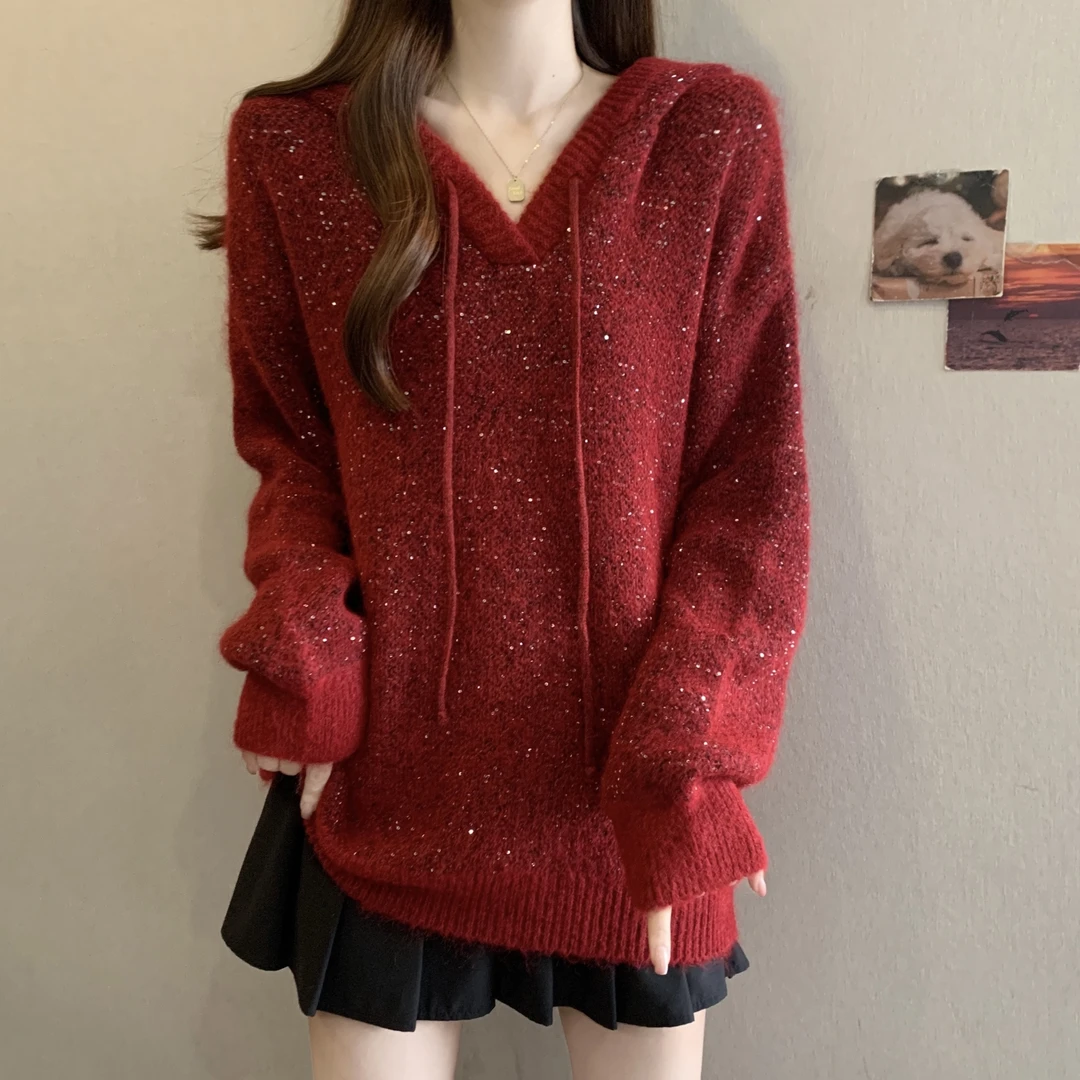 大码女装胖mm秋冬季新款韩系慵懒风本命年红色长袖连帽针织衫毛衣