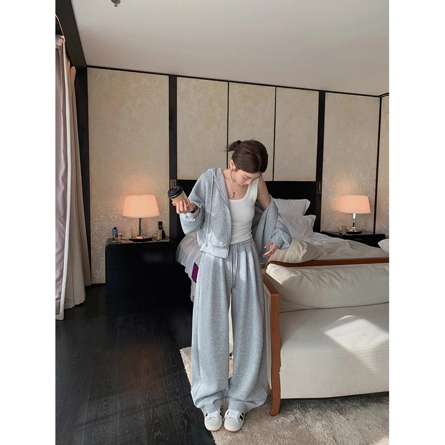 秋冬加绒加厚设计感抽绳连帽休闲套装女宽松显瘦百搭时尚两件套