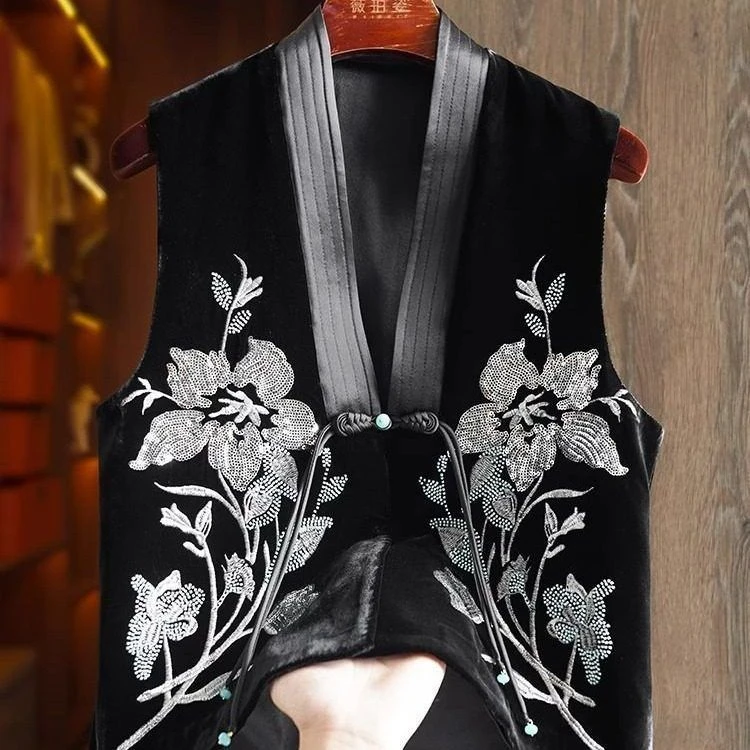 刺绣常规植物花卉常规款厚款马夹古风夏季无袖短款古装绣花款背心