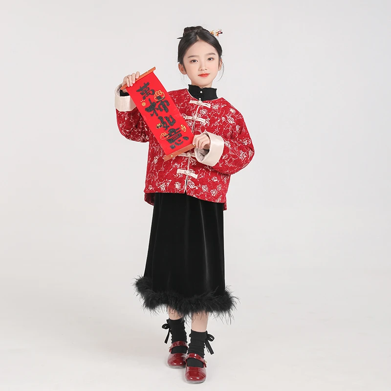 女童新中式汉服外套过年服2025春季新款小女孩古风唐装红色拜年服