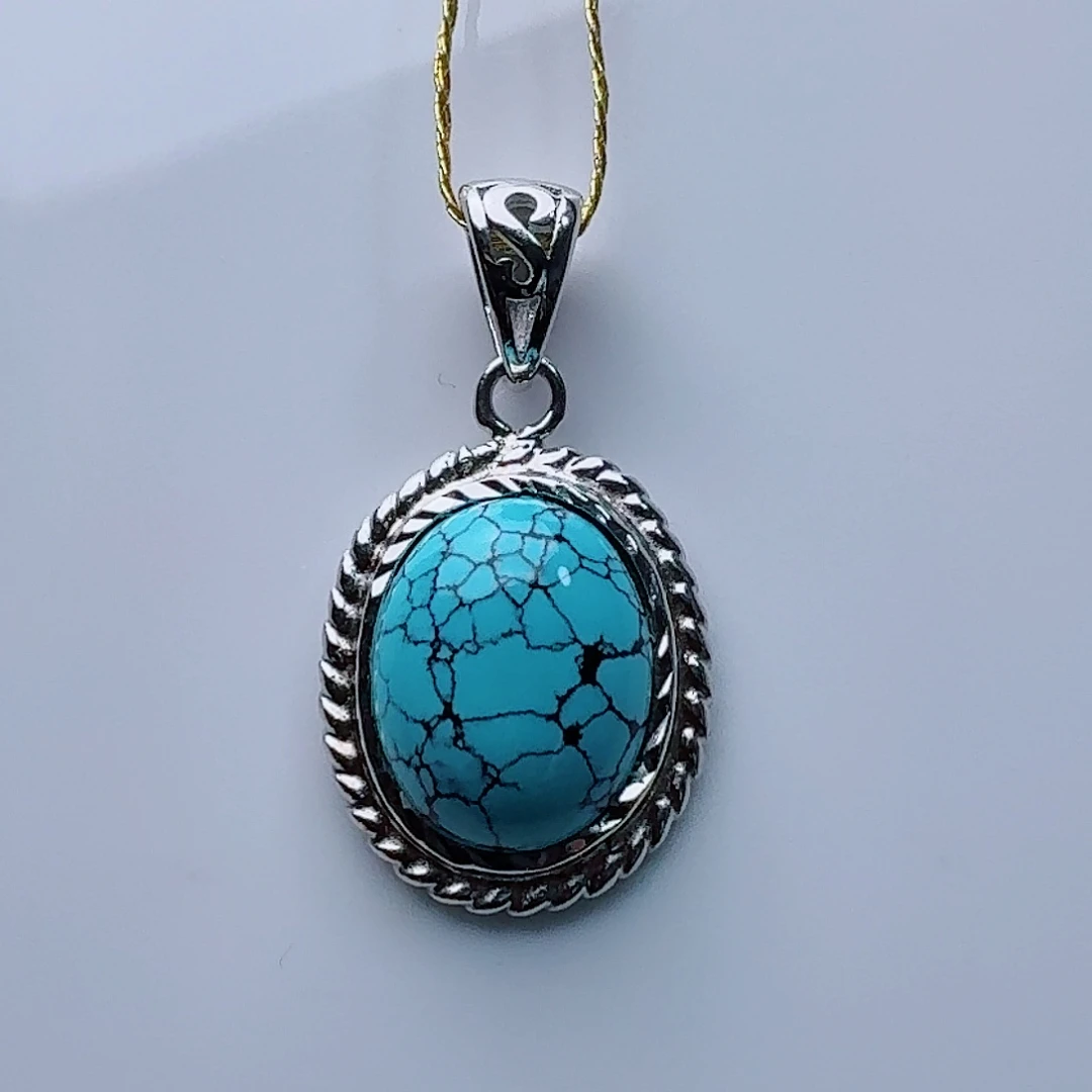 绿松石银S925镶嵌高瓷蓝网花悼念吊坠