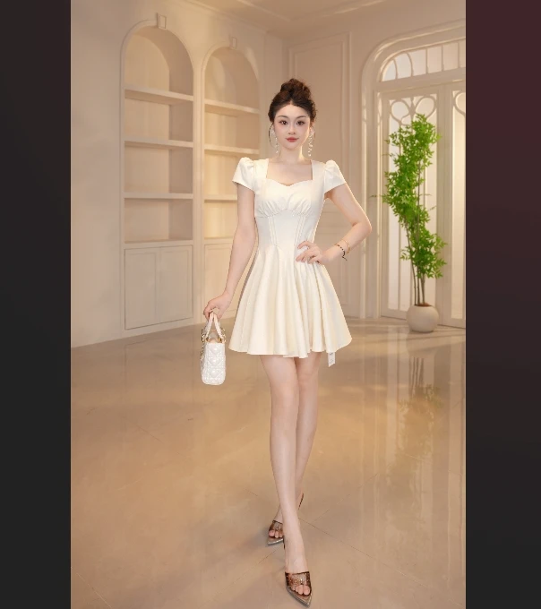 【显瘦定制】夏季旗袍常规收腰连衣裙名媛白色轻奢小个子21743