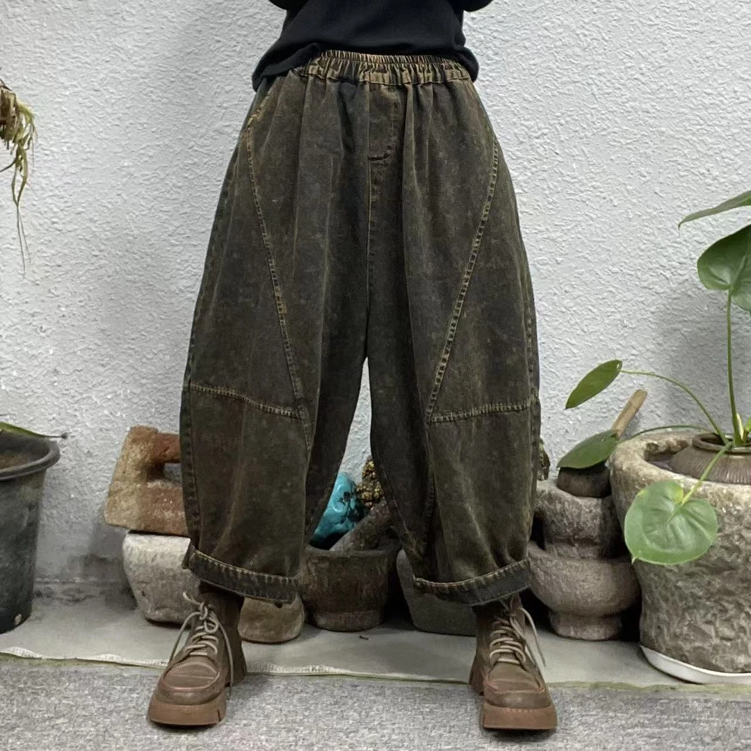 8898春黑咖斜线交叉内抽绳炒色牛仔裤（长85臀围130脚口50