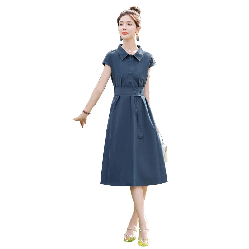 丝柏舍2025夏季新款女装简约收腰中长裙翻领纯色连衣裙S42B2041L