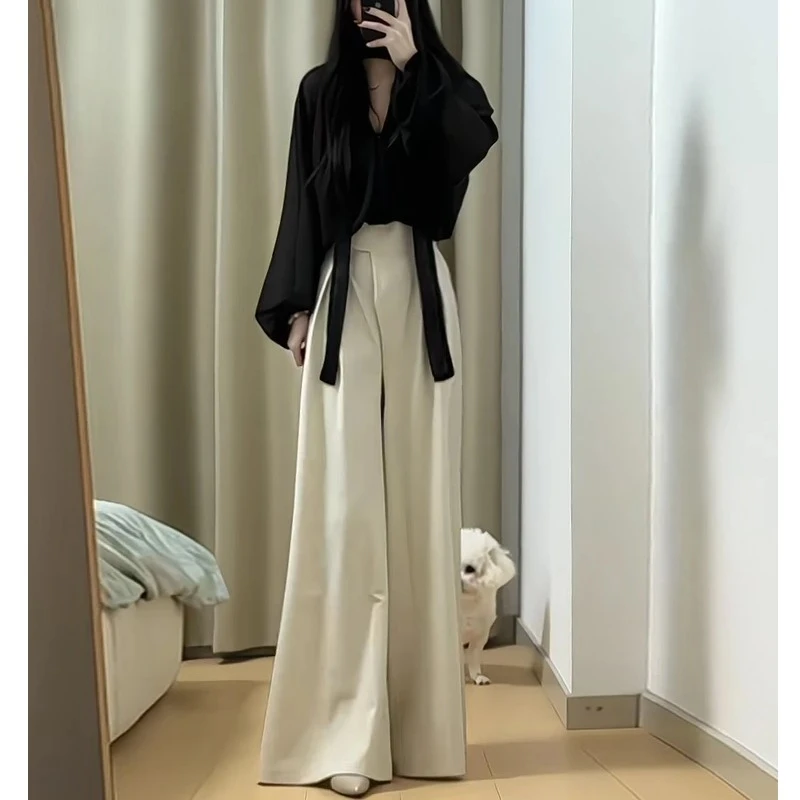 8707春季一整套2025新款法式高级感黑色上衣高腰阔腿裤职业两件套