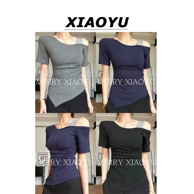 小鱼【甜辣少女】小众撞色拼接露肩不规则短袖T恤女百搭显瘦上衣
