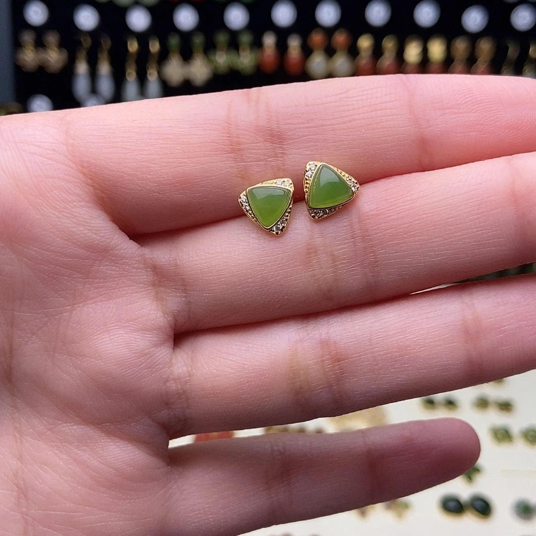 和田玉银S925镀金镶嵌耳饰