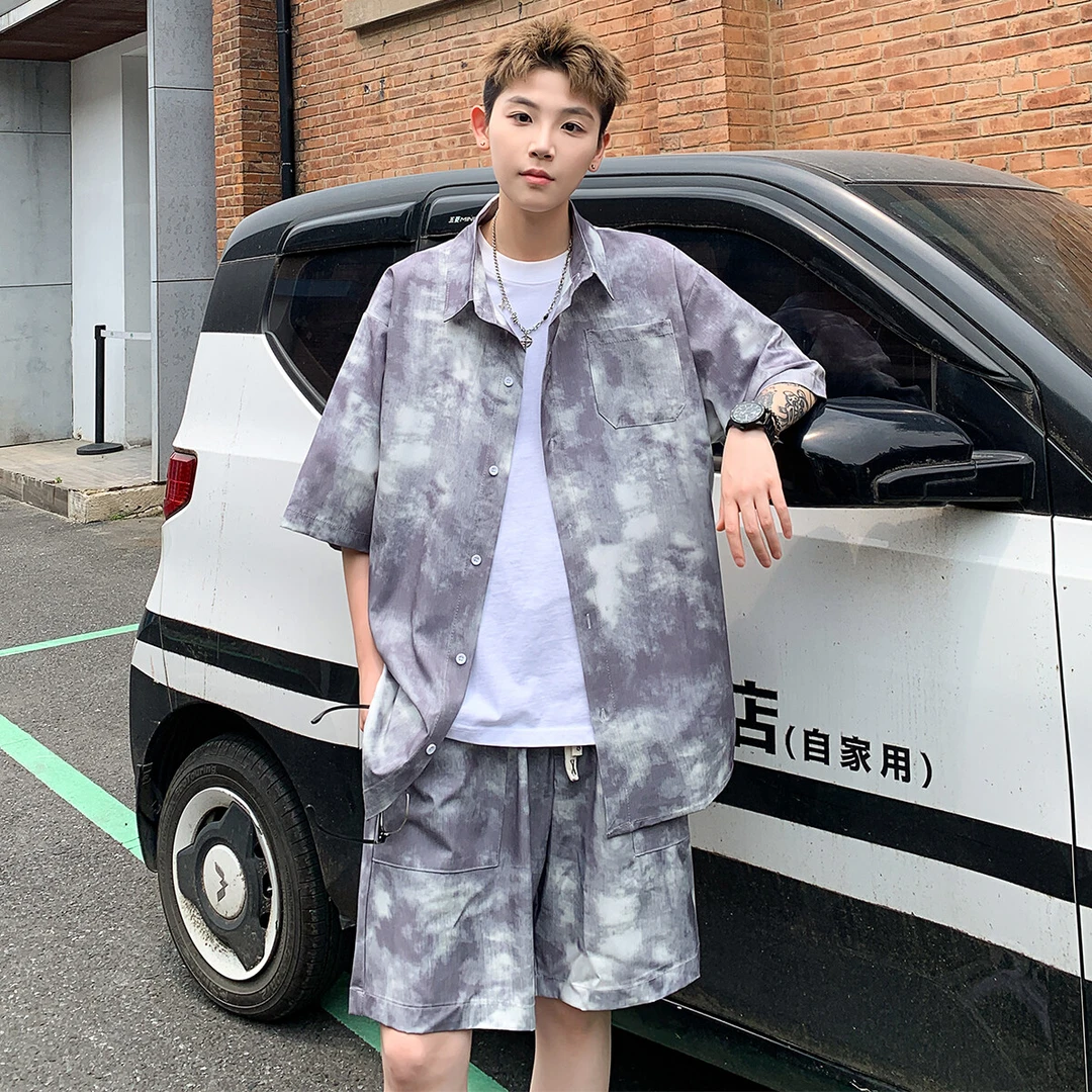 夏季沙滩旅游度假短袖衬衫短裤套装男士扎染迷彩薄款潮流衬衫套装