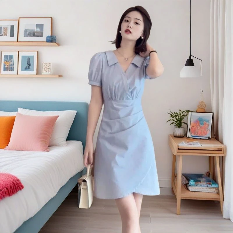 战袍今流行漂亮女士夏季独特超好看高端精致小香风蓝色衬衫连衣裙