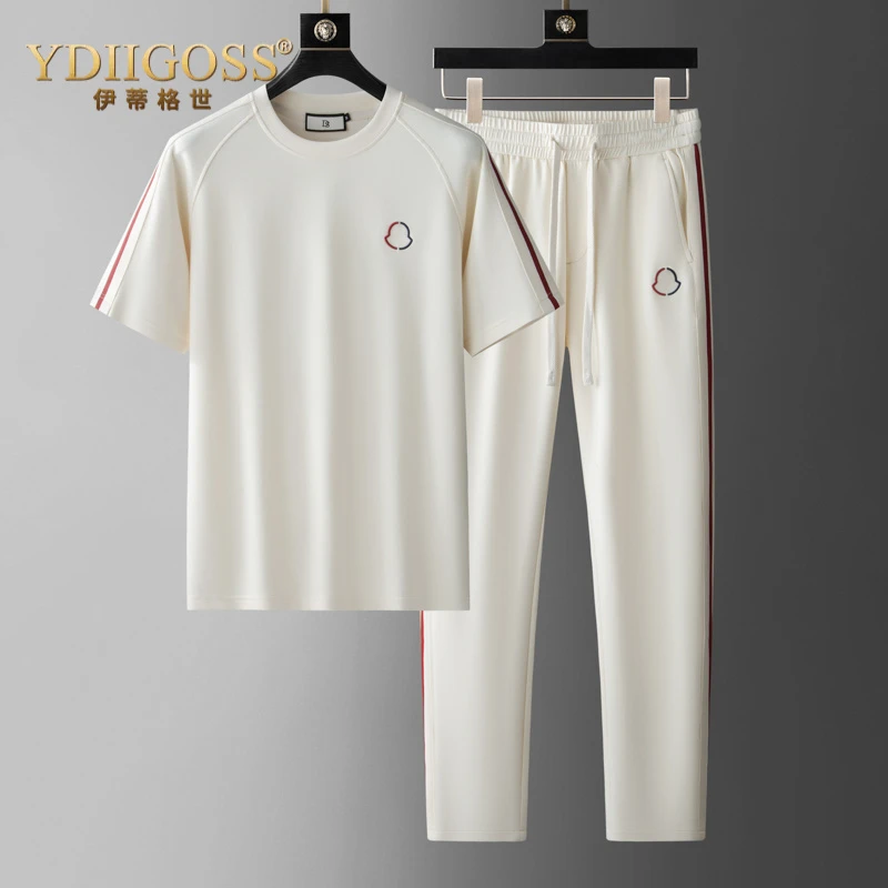 YDIIGOSS男士短袖休闲运动套装夏季莫代尔透气棉圆领刺绣两件套