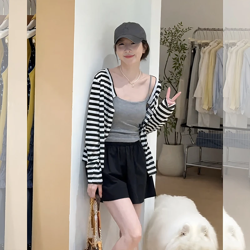 大码韩系穿搭套装夏季条纹长袖针织防晒开衫吊带背心两件套-X8899
