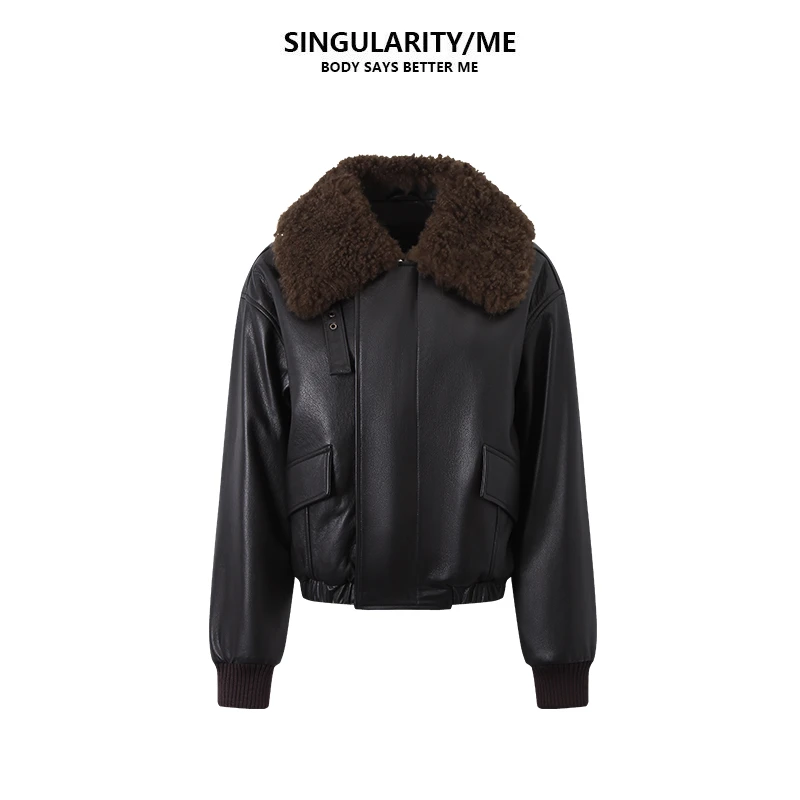 Singularity Me9A 8207 夹棉厚款头层牛皮酷飒山羊绒毛领皮衣外套
