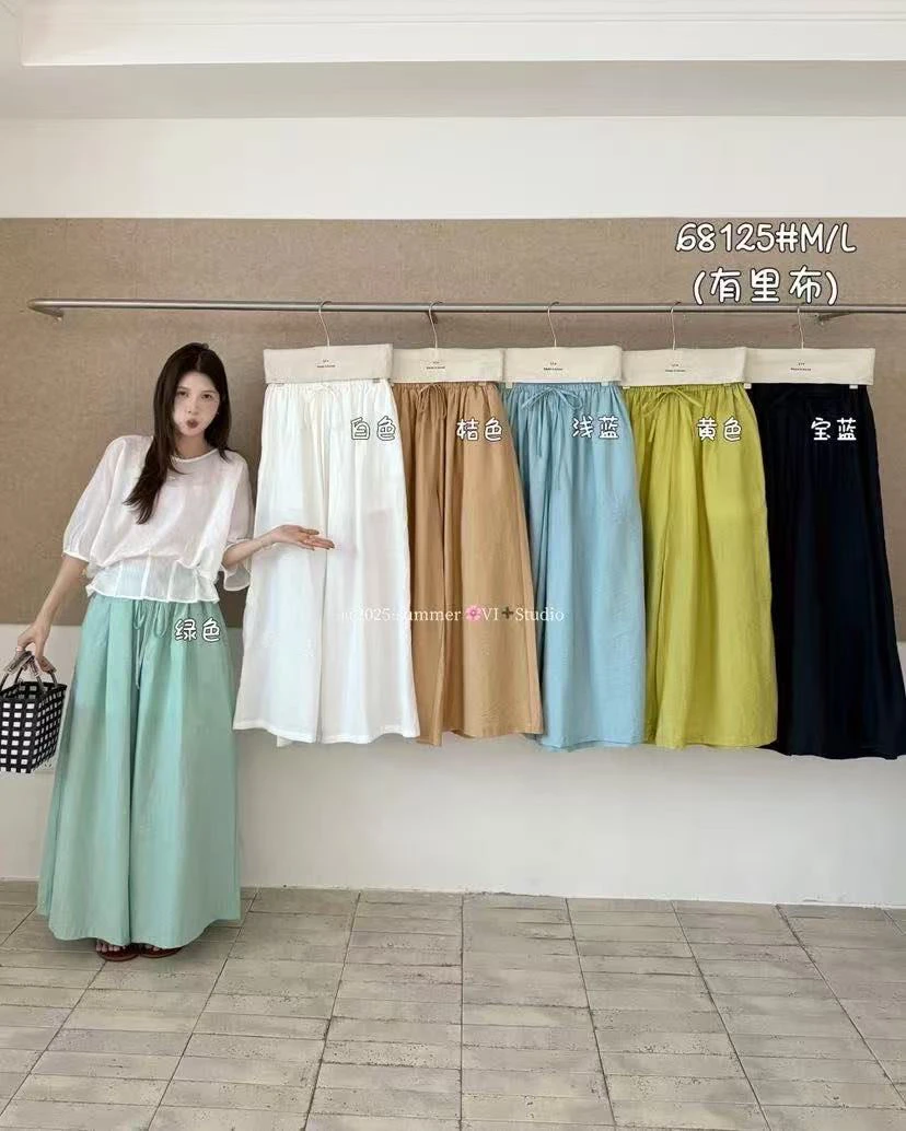 VI@68125 韩系简约纯色松紧腰系带直筒阔腿休闲裤（M裤长98）6-15