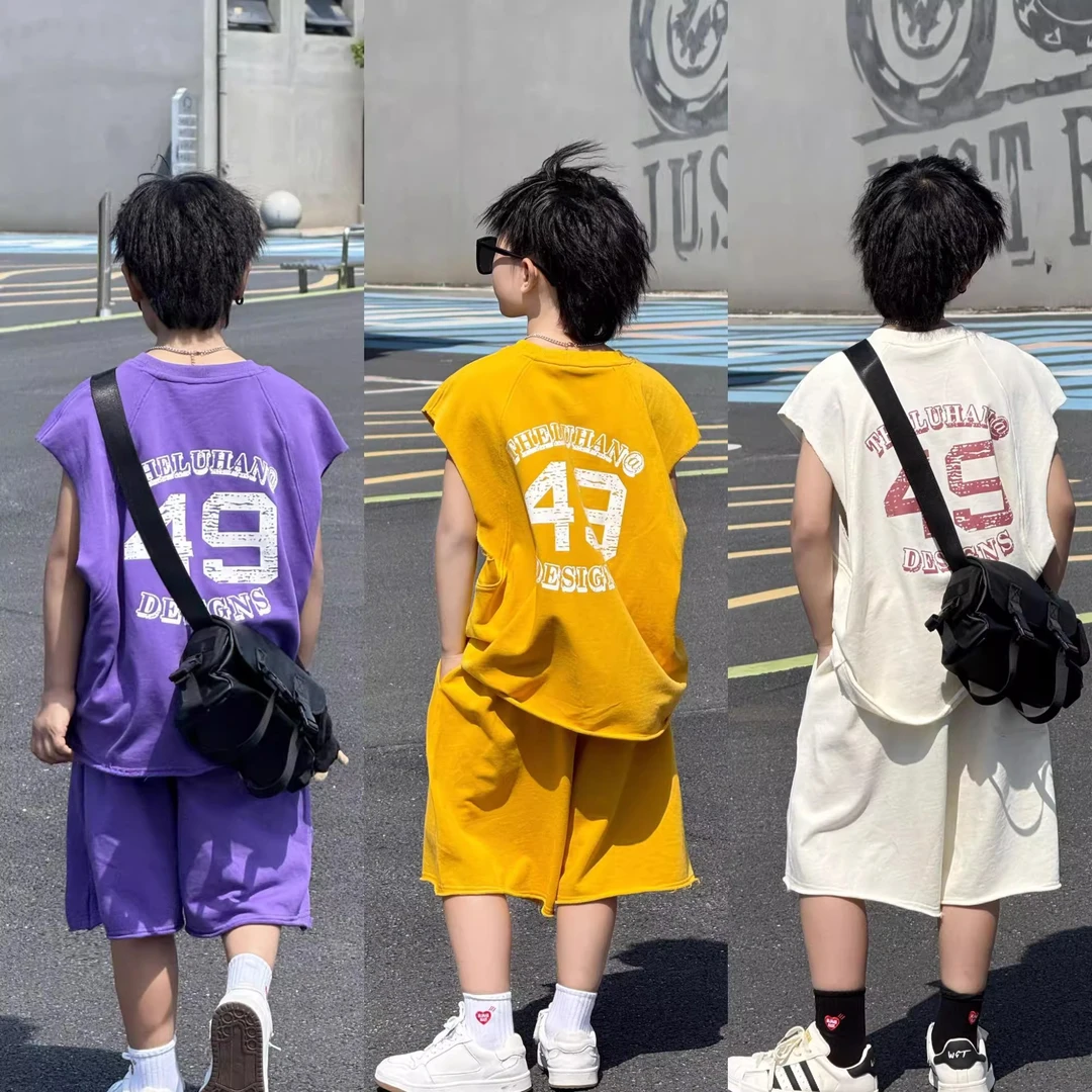 男童夏季运动宽松套装2025新款中大童洋气数字印花儿童薄款两件套