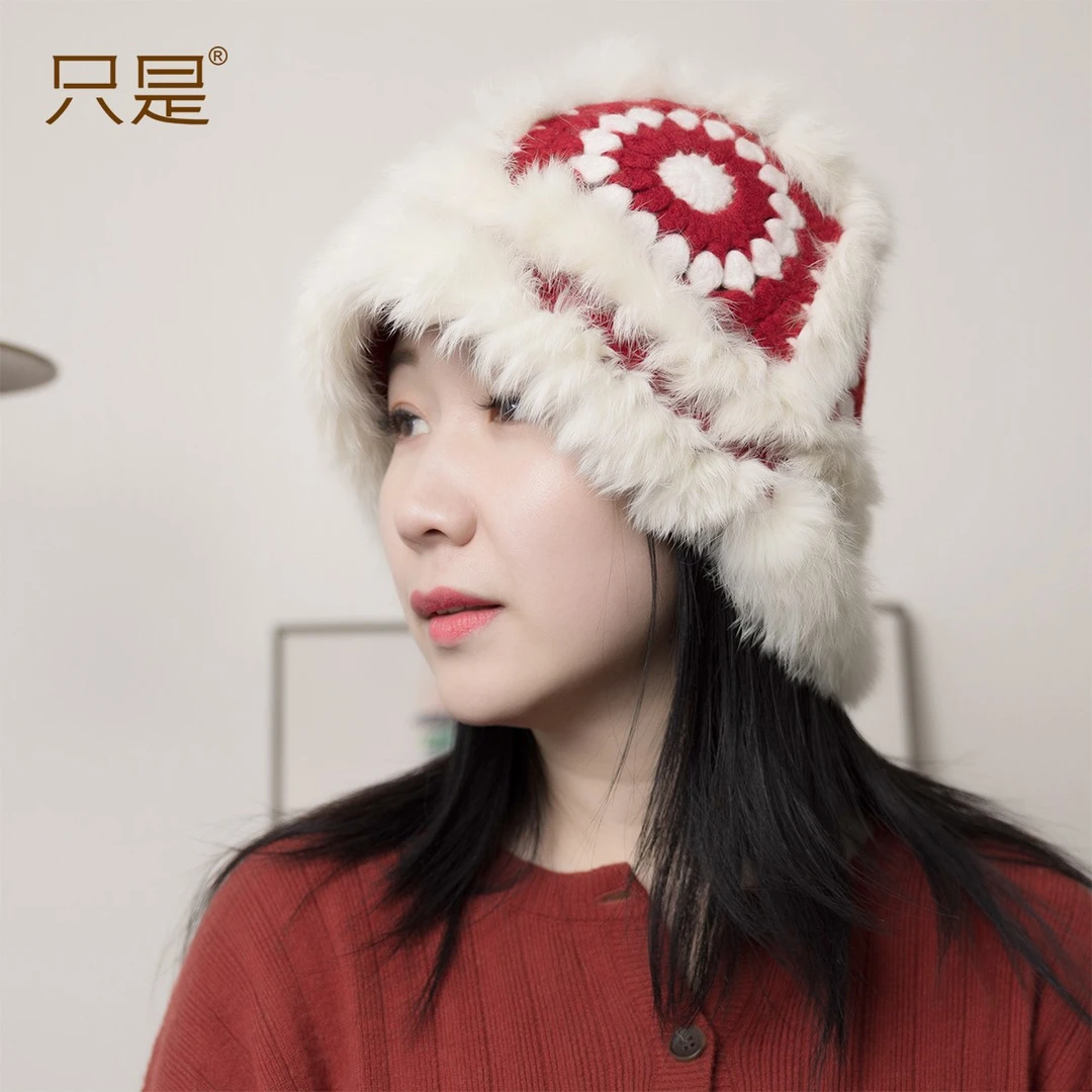 只是100%山羊绒国潮高奢醒狮大头围獭兔毛新年冷帽针织帽女秋冬帽