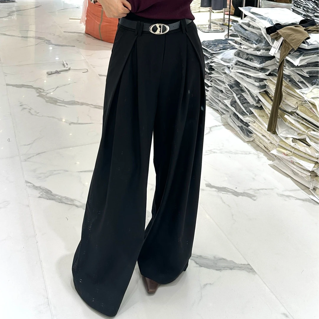 【ZHUOXIXI】复古褶皱显瘦西装阔腿裤+腰带-6060