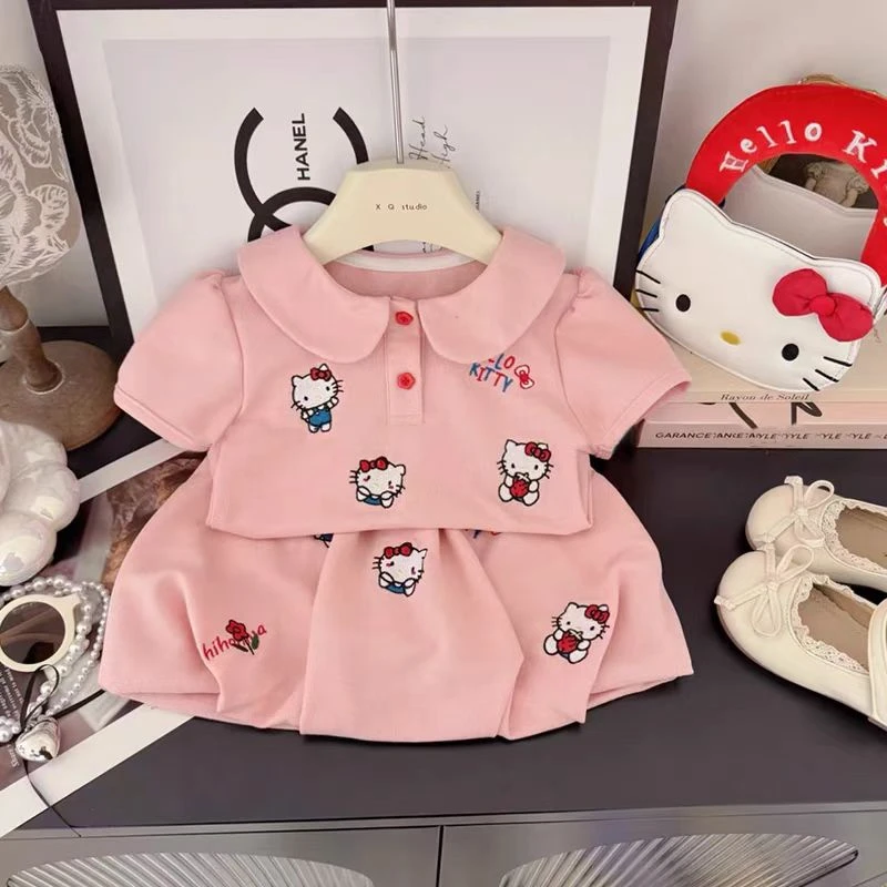 52243女童kt猫印花t恤短裙两件套2025夏季新款儿童polo上衣套装