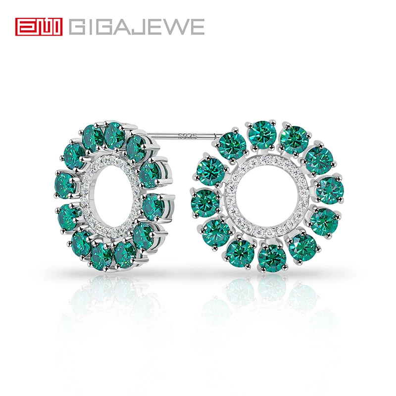 GIGAJEWE 925银莫桑石耳饰 圆形切工耳钉绿色送老婆纪念日礼物