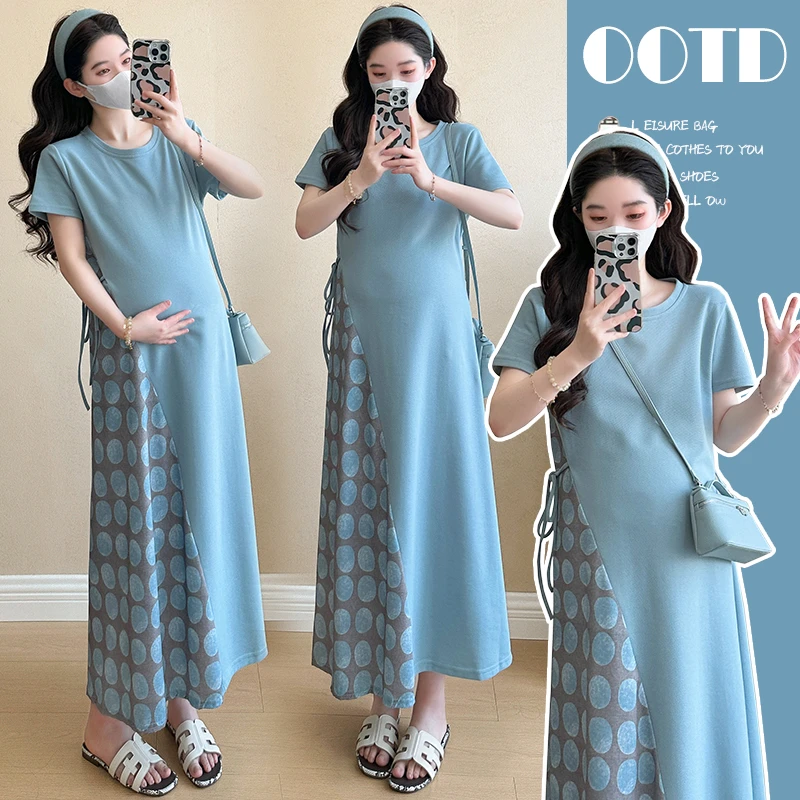 韩版显瘦洋气时髦孕妇装高级感蓝调休闲假波点拼接孕妇连衣裙