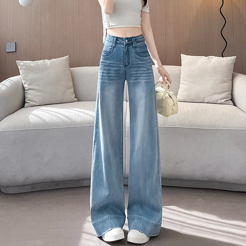 莱赛尔天丝蓝微喇牛仔裤女2025夏季薄款高腰辣味显瘦不贴腿阔腿裤