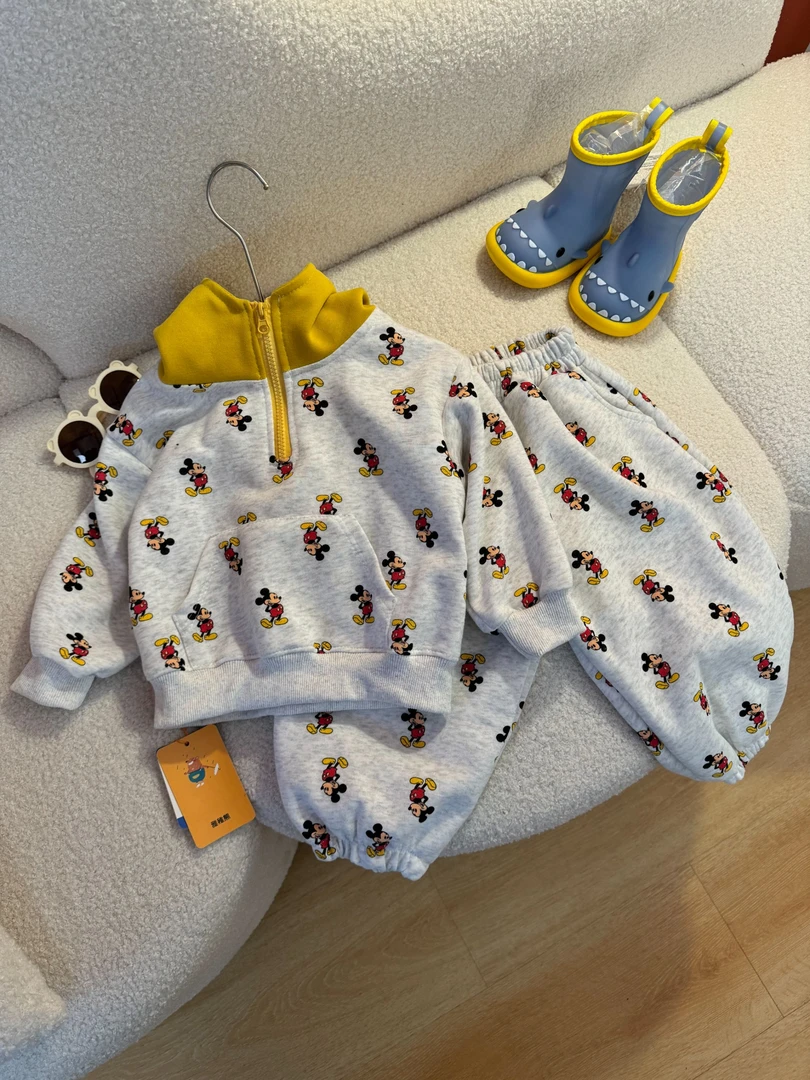 儿童韩版米奇卫衣套装2025春季新款男女宝宝宽松上衣潮