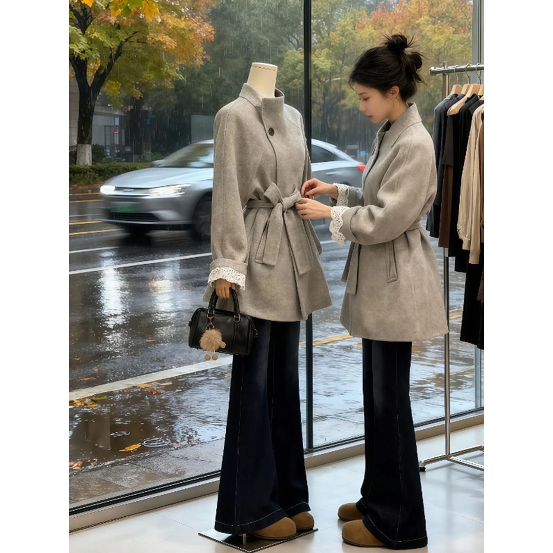 高级感灰色毛呢外套女2025秋冬新款系带收腰妮子大衣小个子上衣