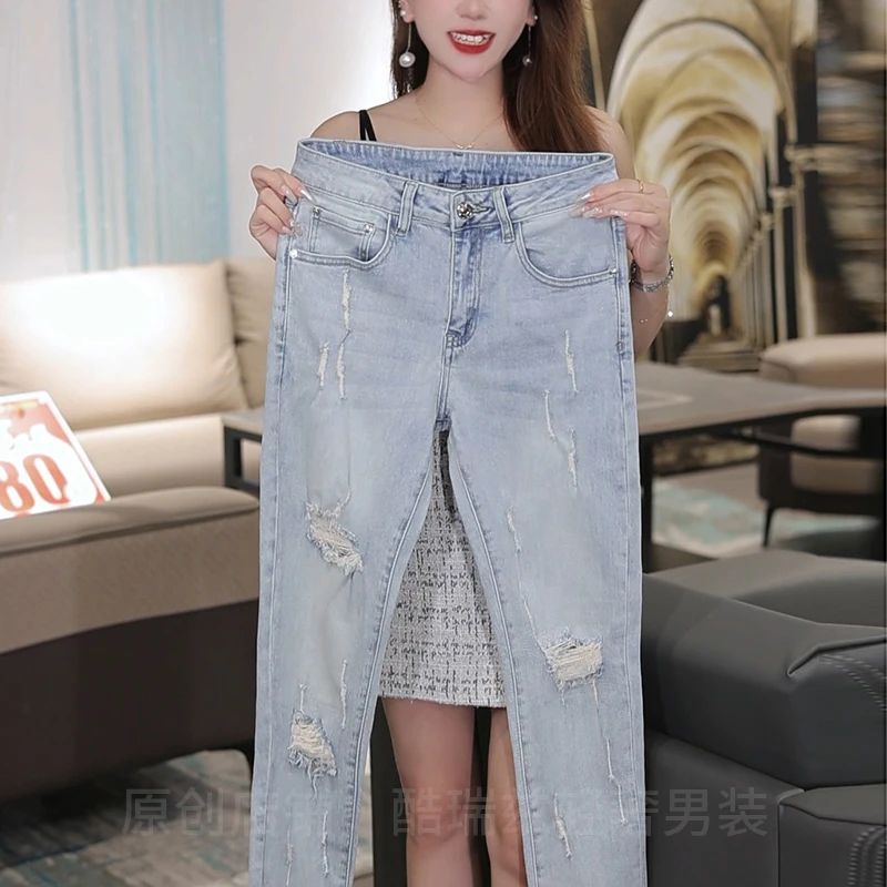 2025夏季男士牛仔裤简约时尚破洞百搭轻薄透气显瘦减龄修身长裤
