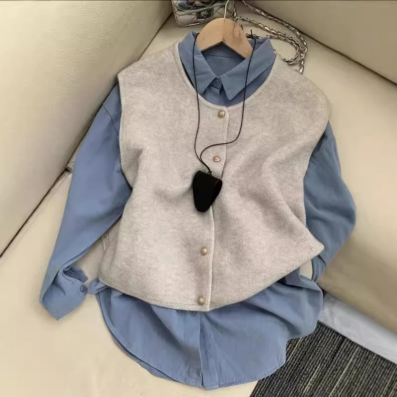 韩系复古蓝色翻领高级感衬衫叠穿针织马甲背心ins早秋上衣两件套