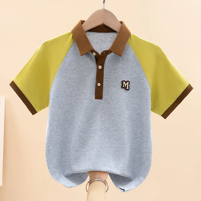 夏季男童时尚翻领短袖T恤中大童洋气男孩韩版短袖拼色半袖上衣潮