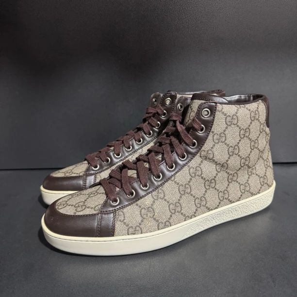 90新 GUCCI/古驰 41码/乌木色双G满印 男士高帮休闲板鞋
