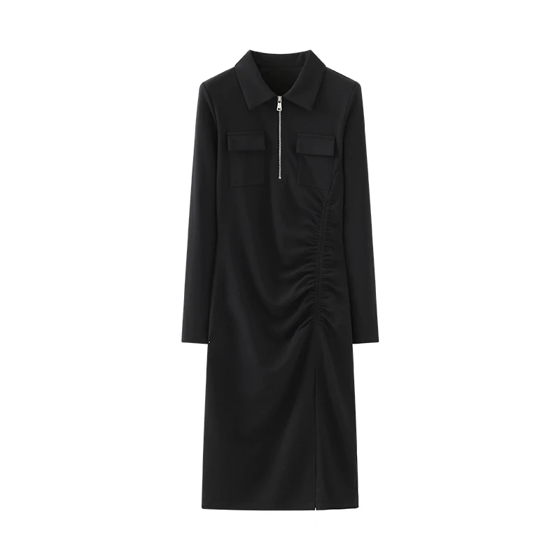 翻领拉链长袖连衣裙女韩系褶皱设计感休闲小众直筒中长裙