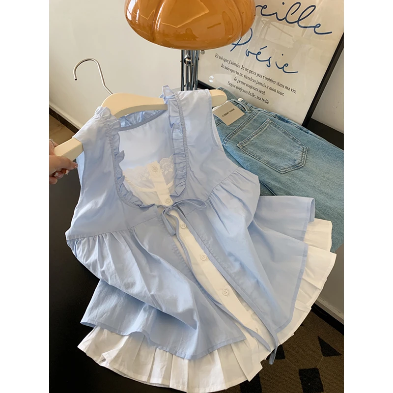 五一旅游出街衣服女假两件设计感无袖衬衫气质女士法式小资上衣