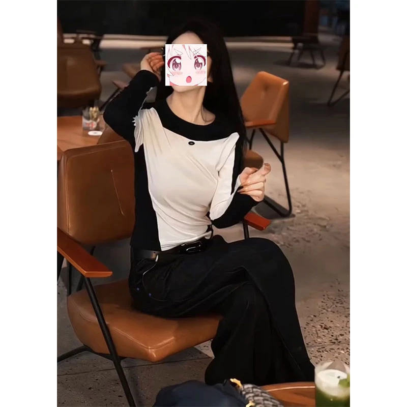 潮流气质街头风显瘦正肩长袖T恤高腰休闲裤子2025秋季时髦两件套