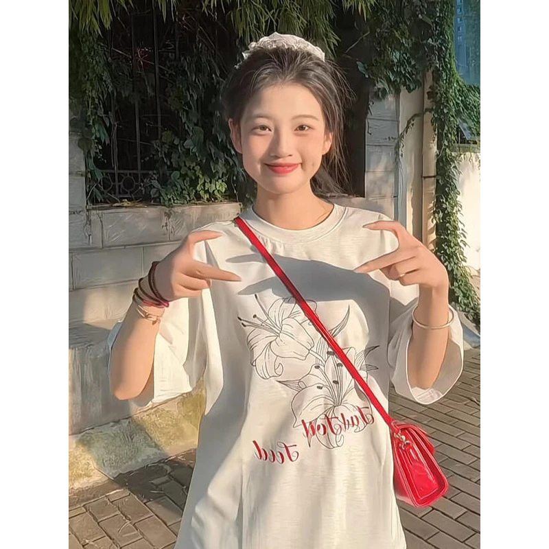 韩版ins风甜美设计小众高级纯棉t恤女情侣款新款宽松百搭短袖男