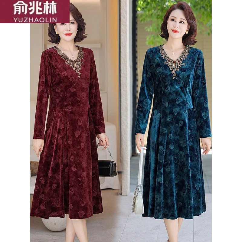 俞兆林妈妈春装连衣裙2025新款洋气中年女装春秋长袖金丝绒裙子女